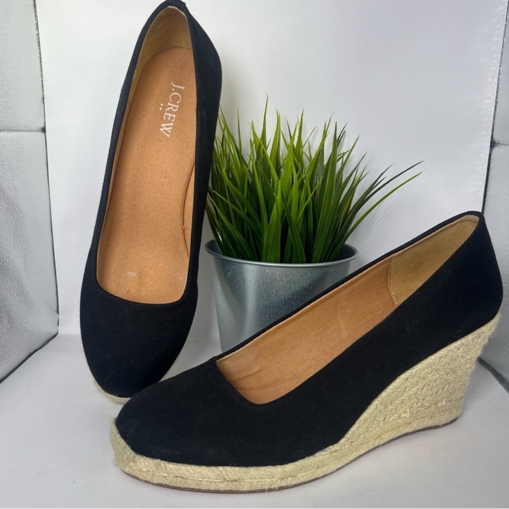 J Crew Women’s Seville Canvas Espadrille Black Wedges Slip Ons - Picture 3 of 11